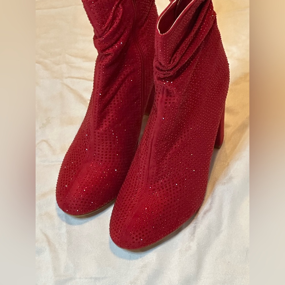 🔥 Runched Red Diamond-8 crystals and suede high healed ankle booties